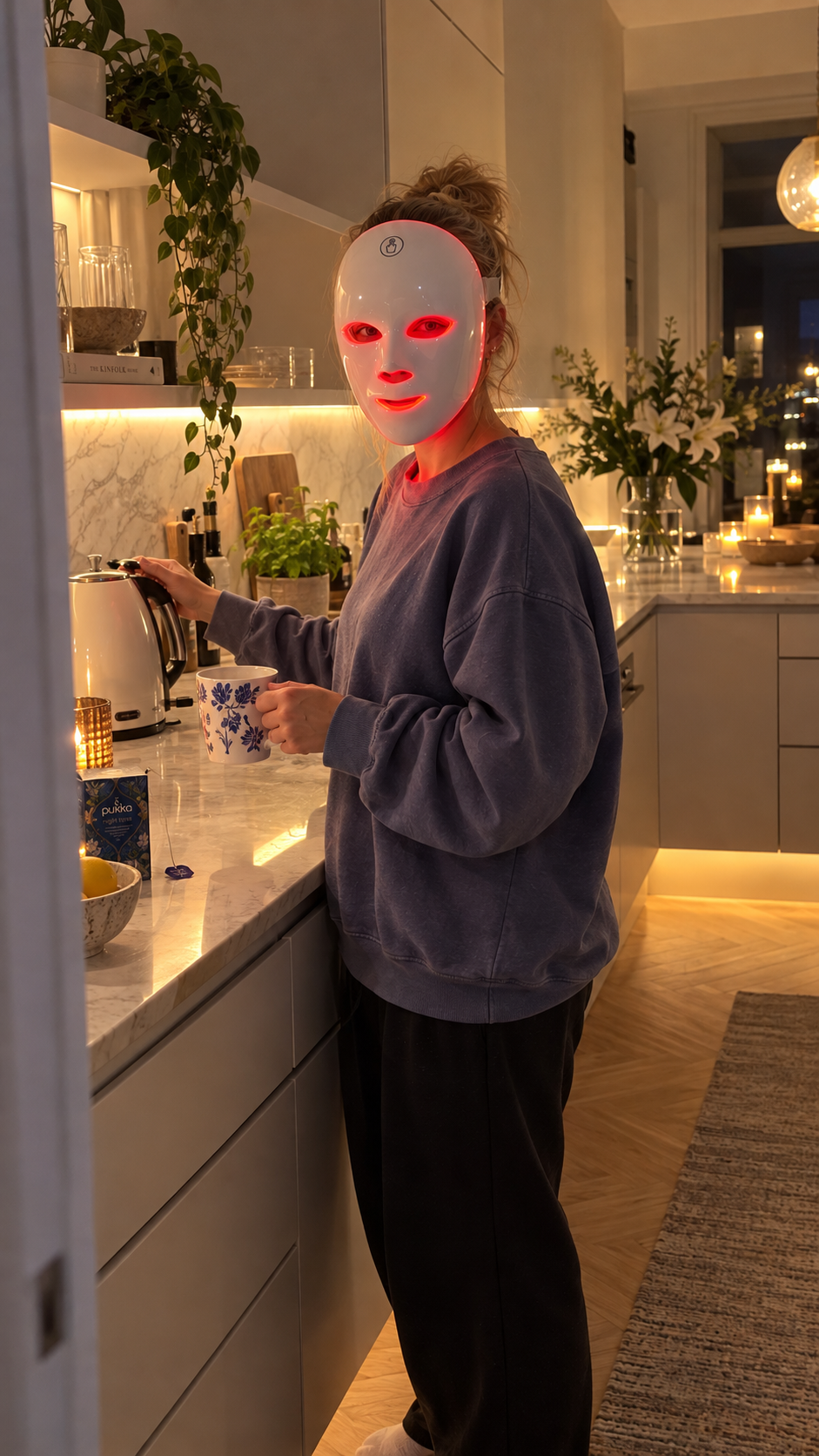 Kvinna i köket med LED-masken på